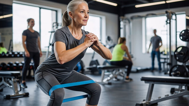Mature woman performing squats with a resistance band in a modern gym. Fitness and healthy lifestyle for senior people. Strength training.