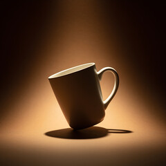 A White Ceramic Mug Balanced Precariously on its Rim Under a Dramatic Spotlight