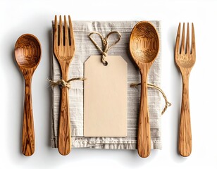 Wooden utensils on linen with tag