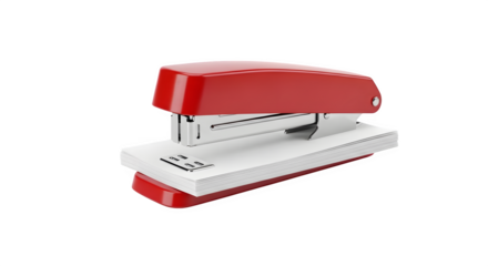 Red and white stapler on a stack of paper isolated on transparent background
