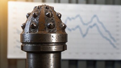 Rusty metallic object in focus with a blurred graph background, suggesting themes of industry and metrics.