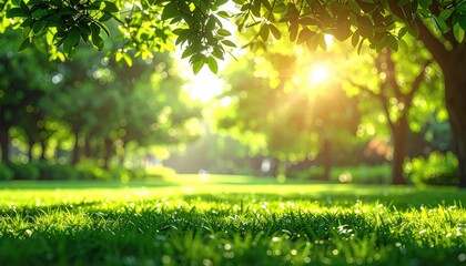 Sunlit grass, trees, park scenery