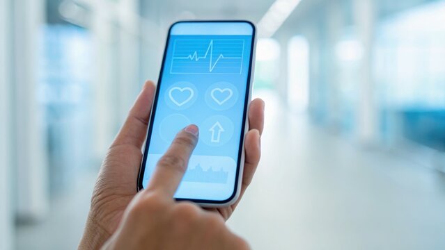 A person using a smartphone displaying health monitoring features in a modern environment. - Powered by Adobe