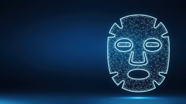 Digital glowing face mask icon on a dark blue gradient background with glowing light effects