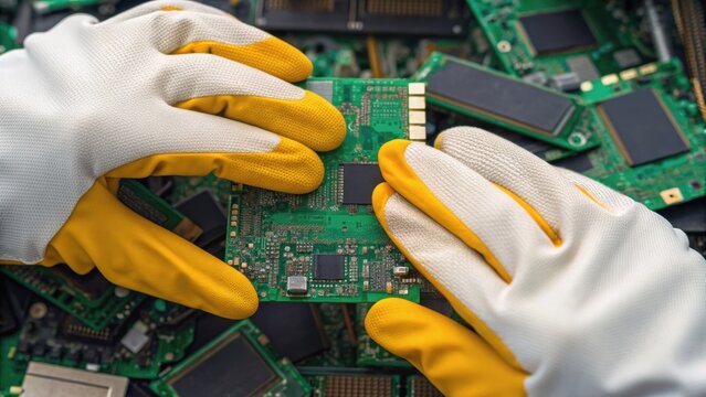 Hands in gloves handling a circuit board surrounded by electronic components, emphasizing technology and recycling in electronic waste management. - Powered by Adobe