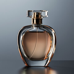 Elegant Glass Perfume Bottle with Gold Accents on Reflective Surface