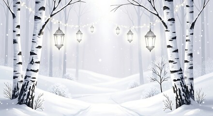A magical winter landscape with glowing lanterns hanging from birch trees in a snowy forest path at night