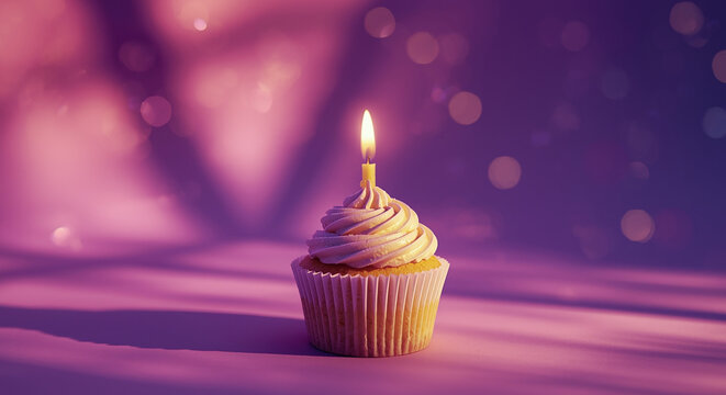  Minimalist birthday cupcake with single lit candle on soft pink and purple bokeh background, warm celebration lighting and copy space for party invitation or greeting card design