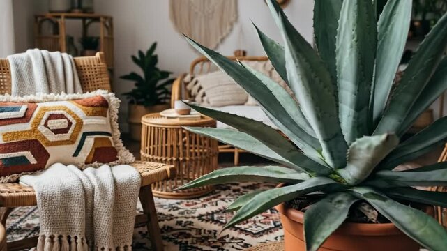 Cozy living room with large agave plant and woven decor in natural light