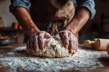 Homemade dough being stretched out by skillful hands in a cozy kitchen setting with flour dust creating a warm, inviting atmosphere