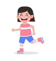 A young girl wearing roller skates and smiling while skating on a white background.
