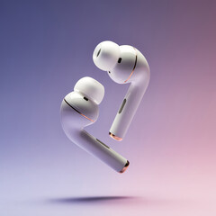 A sleek pair of white wireless earbuds with elegant metallic accents floating gracefully on a colorful studio gradient background