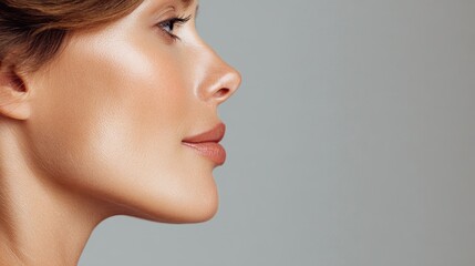 Fototapeta premium Profile of a woman showcasing beautiful facial lines in a beauty advertisement featuring smooth skin and elegant features in a soft lighting setting