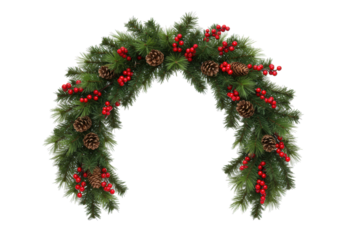 luxurious christmas garland (swag) arc of dense emerald fir boughs and glossy crimson holly berries isolated on transparent for copy space. concept for festive holiday advertising