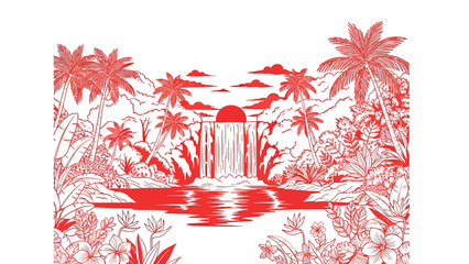 Vibrant Red Jungle Waterfall Landscape with Palm Trees and Lush Foliage.
