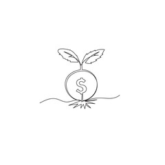 Continuous one line drawing of Plant growing from coin. Single line drawing illustration of Money sustainable growth. Financial growing concept vector art. Doodle line illustration.