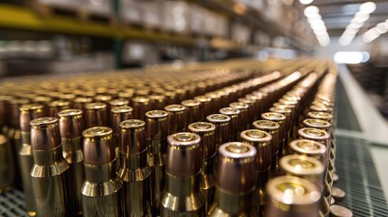 A row of old, rusted, and gold-plated bullets, A row of gold colored bullets areshelf, shells , metal munition in storage of weapons factory closeup. Concept of war, background, equipment, supply,