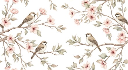 Elegant Watercolor Illustration of Sparrows Perched on Blooming Cherry Blossom Branches, Springtime