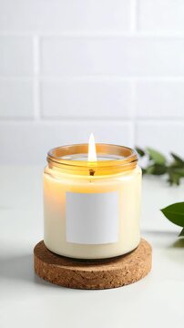 Burning candle with a blank label on a white marble surface, surrounded by green leaves and a white tiled wall backdrop.
