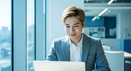 Focused Young Businessman Diligently Working on a Laptop in a Modern, Sunlit Office Environment with City Views