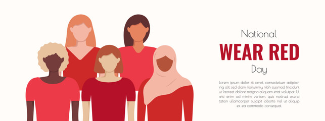 National Wear Red Day on February banner template with copy space. Diversity Women are wearing red clothes. Awareness day of heart disease prevention. Vector illustration in flat style for web info