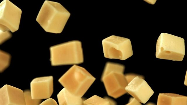 Maasdam cheese flies up and falls down on a black background. Filmed on a high-speed camera at 1000 fps. High quality FullHD footage