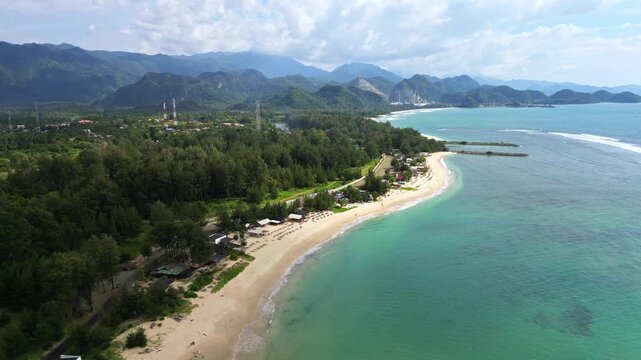 Lhoknga coastline, sea aerial view at Lampuuk beach by drone in Aceh, Indonesia. popular for surfing waves and surfers