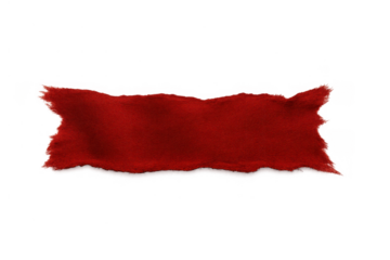 Red fabric ribbon banner showing fringed edges and wrinkled texture on a transparent background