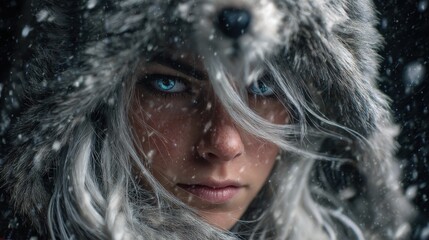 Woman with ice blue eyes and wolf fur hood in winter setting