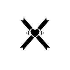 Heart with crossed ribbon tails on black background