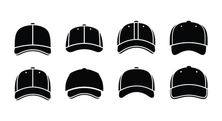A collection of monochrome baseball caps displayed in a grid arrangement