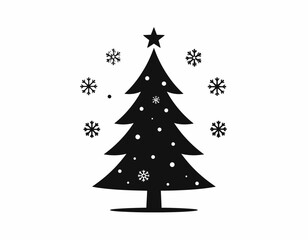 Fototapeta premium Monochrome graphic of a Christmas tree, decorated with snowflakes and topped with a star, set against a plain white background, creates a simple, festive design.
