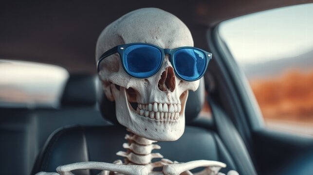 Skeleton in Sunglasses Driving a Car