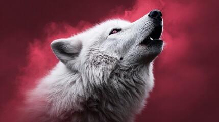 A majestic white wolf howls against a vibrant red backdrop, a powerful display.