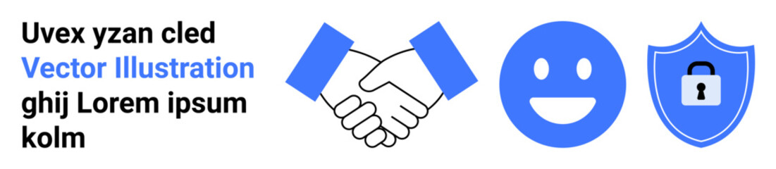 Collaboration, business partnerships, cybersecurity, teamwork, safety protocols, and trust. Handshake, happy face and shield with a lock icon. Business partnerships and cybersecurity
