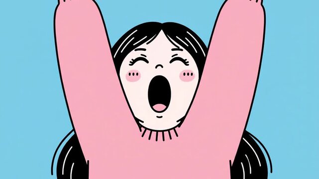 Animated Young Woman with Closed Eyes Pulling Up Sweater, Cute and Playful
