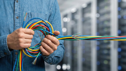 Start up business concept with colorful network cables held by technician in data center for technology connection