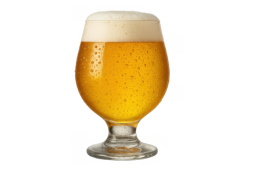 Cold golden beer in a glass with foamy head and condensation droplets, refreshing alcoholic beverage for party