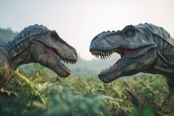 Two realistic dinosaur models engage in a fierce face-off in a lush, prehistoric landscape during the early morning hours