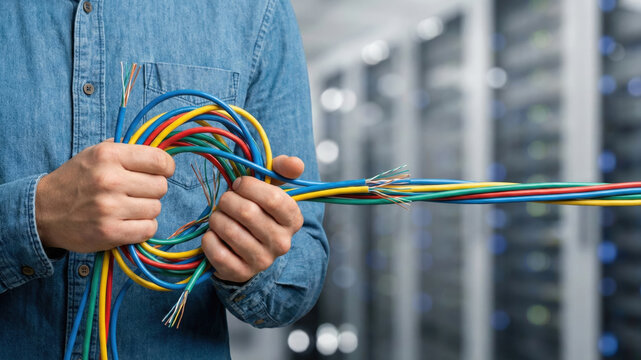 Start up business concept with colorful network cables held by technician in data center for technology connection