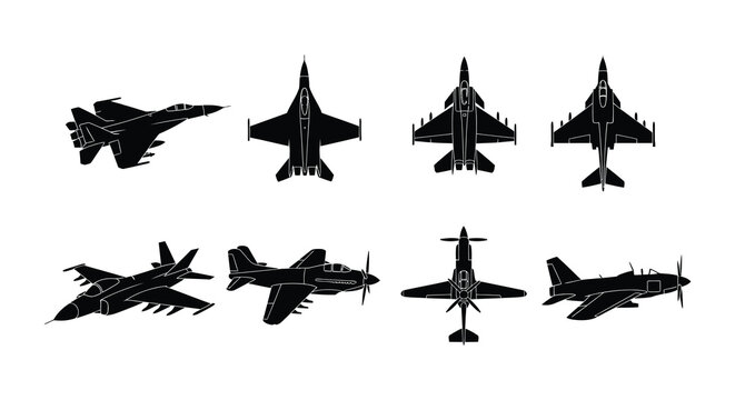 Silhouettes of military aircraft and airplanes in a black and white design