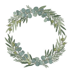 Naklejka premium Eucalyptus and Olive Branch Wreath - Elegant Floral Design
