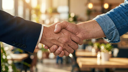 Handshake start up business concept showing agreement and partnership in office or cafe environment with natural light