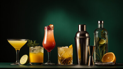 Assorted Cocktail Set With Shaker, Glassware, Citrus, And Bar Tools On Dark Green Background