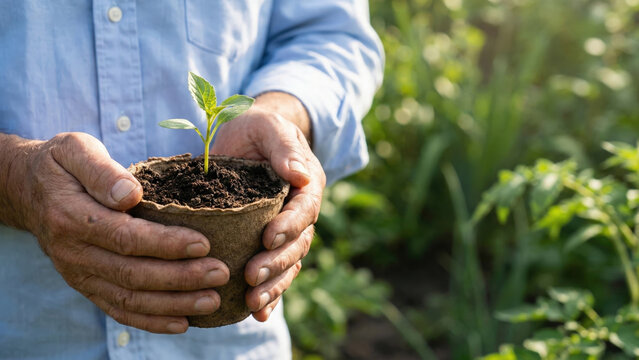Start up business concept with hands holding young plant in soil showing growth and care in natural garden environment