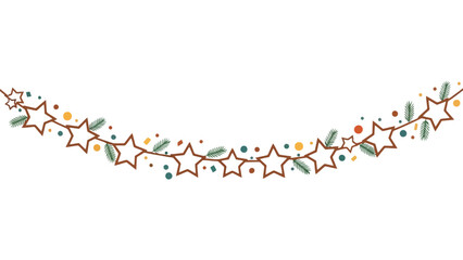 Brown and gold star garland with evergreen accents and confetti