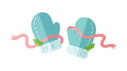 Pair of blue mittens with ribbon and holly winter accessory illustration