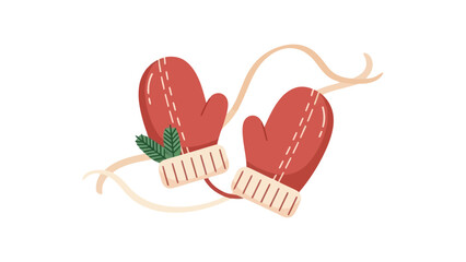 Pair of red mittens with ribbon and leaves winter accessory illustration