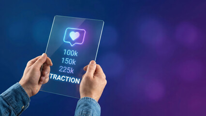 Start up business concept with digital social media traction and growth shown on transparent futuristic screen held by hands