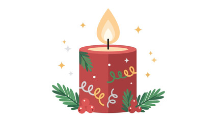 Red holiday candle with christmas decorations and pine branches vector